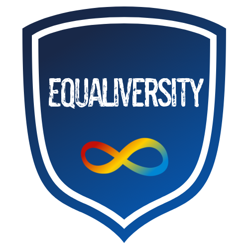Logo for The Equaliversity: A blue shield with the word Equaliversity in white, and a rainbow infinity symbol underneath