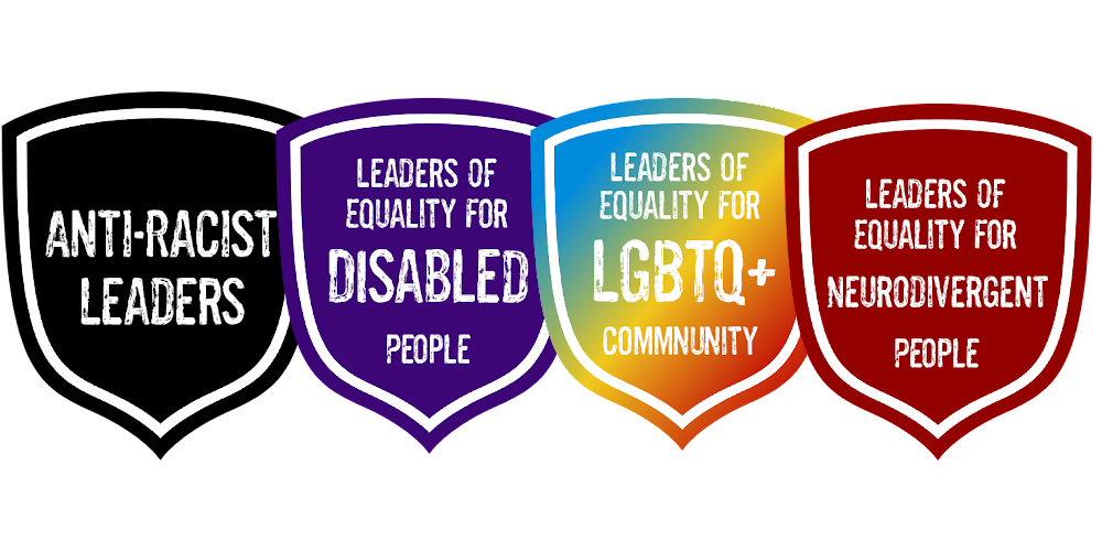 A black shield logo, a purple shield logo, a rainbow-coloured shield logo and a red shield logo.