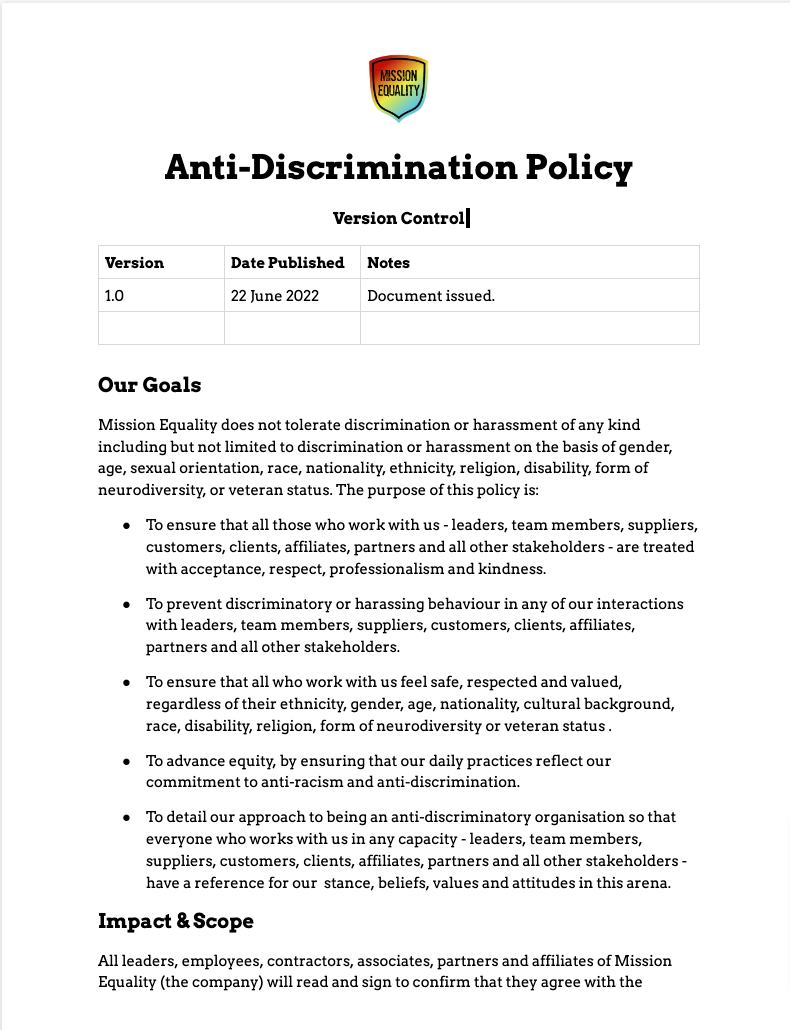 Anti-Discrimination Policy at Mission Equality