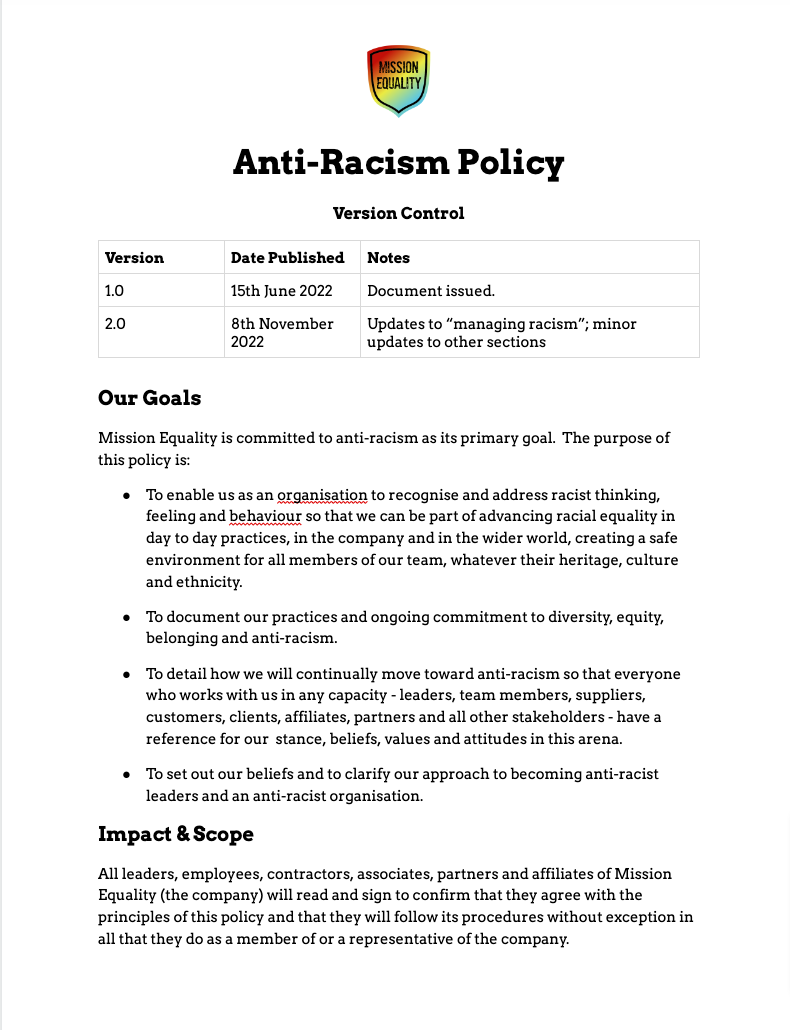 Anti-Racism Policy for Mission Equality