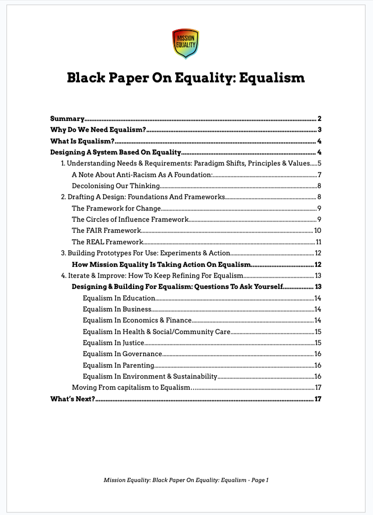 A screenshot of the table of contents for Mission Equality's Black Paper on Equalism.